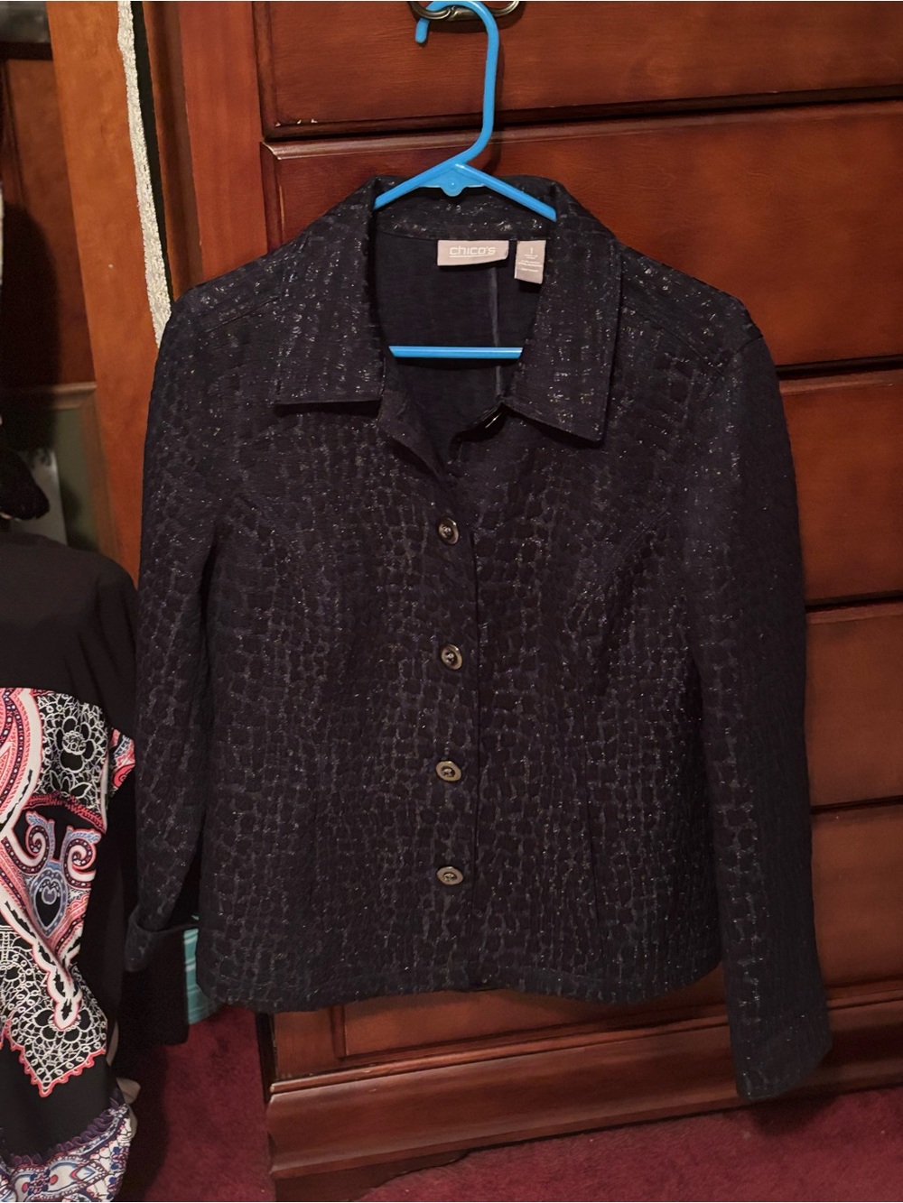 Chico's Textured Navy Button-Front Jacket